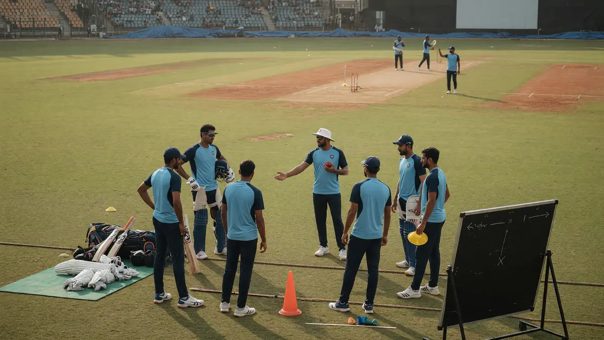 Fielders in blue training kit set a ring on a sunlit outfield during a white-ball session
