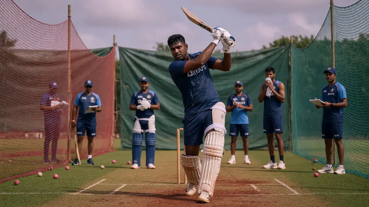 Cricket batter in blue kit completing a high-speed shot under stadium lights