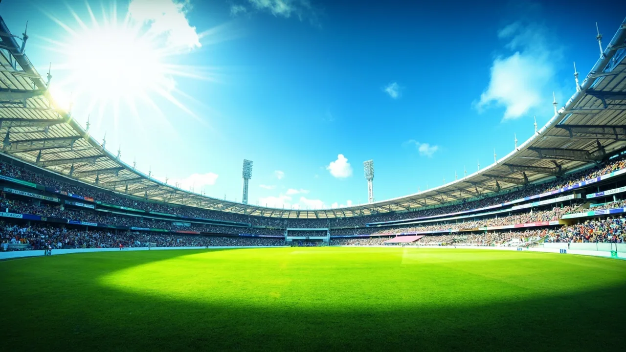 T20 World Cup 2026 sunlit cricket stadium editorial banner with vivid blue sky and packed colorful stands