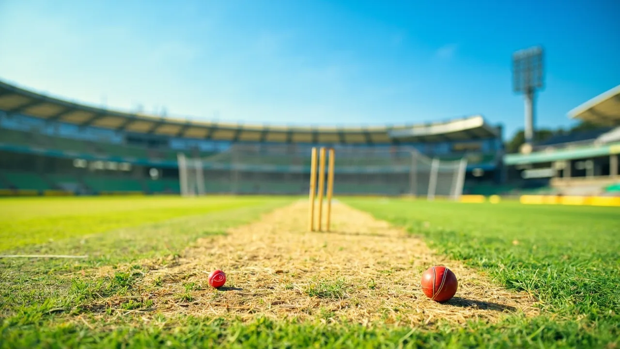 sunlit cricket pitch and square at a major Indian cricket stadium during a sunny afternoon showing grass and slight wear