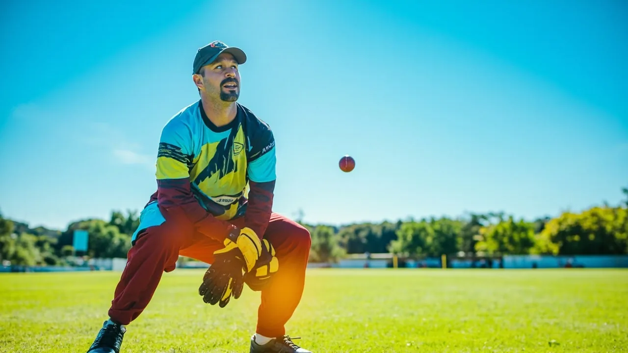 cricket wicketkeeper doing glove work on a sunny outdoor field with vivid colors
